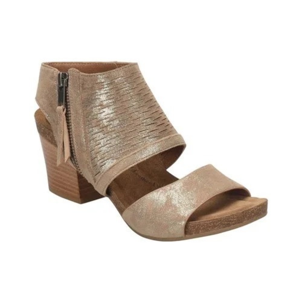 Sofft‎ Milan Metallic Taupe Leather Laser Cut Block Heel Sandals Womens 9.5